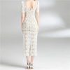 Women Slim Fit White Lace Hollow Dress Square Collar Puff Sleeve Mid Calf Fit Flare Dresses for Party(Small Short)
