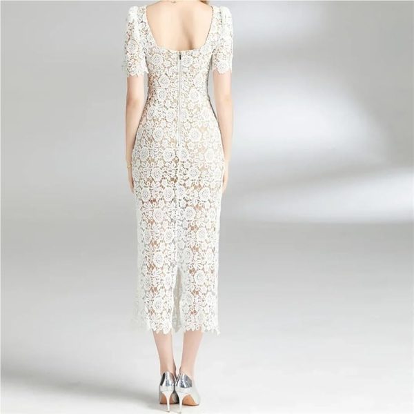 Women Slim Fit White Lace Hollow Dress Square Collar Puff Sleeve Mid Calf Fit Flare Dresses for Party(Small Short)