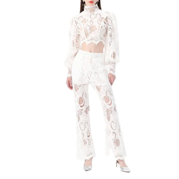Women's Crochet Lace Set - Lantern Sleeve Top & High Waist Pants Bohemian Outfit
