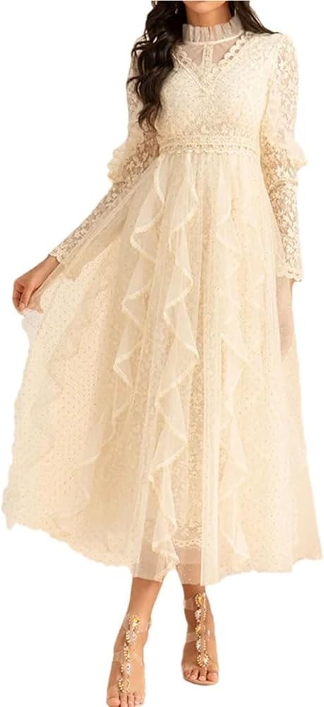 Vintage Inspired Long Sleeve Dress Women's Elegant Stand Collar Lace Long Skirt Gold Polka Dot Casual Flowing Long Gown