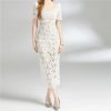 Women Slim Fit White Lace Hollow Dress Square Collar Puff Sleeve Mid Calf Fit Flare Dresses for Party(Small Short)