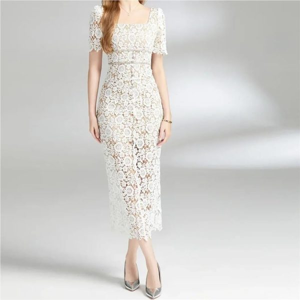 Women Slim Fit White Lace Hollow Dress Square Collar Puff Sleeve Mid Calf Fit Flare Dresses for Party(Small Short)
