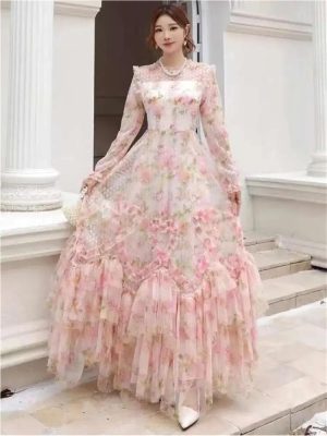 Women Floral Lace Patchwork Summer Maxi Dress Sequin Long Sleeve Crew Neck Slim Casual Dress
