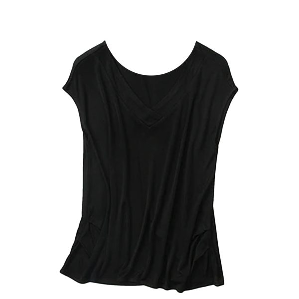 Women's Silk Tee Shirt V-Neck Sleeveless Batwing Pleated Hem Casual Top