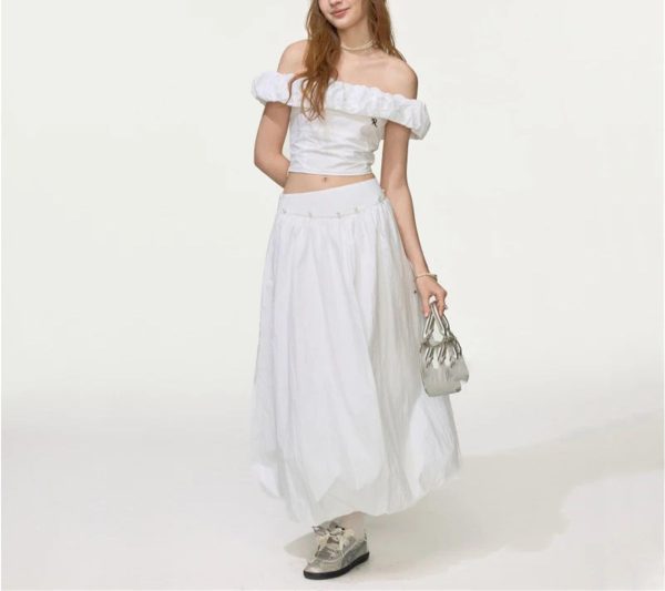 Women Off‑Shoulder Crop Top & Skirt Set, Pearl Embellished