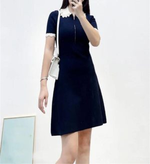 Women's 2025 Knit Lace Collar Dress - Short Sleeve Color Block