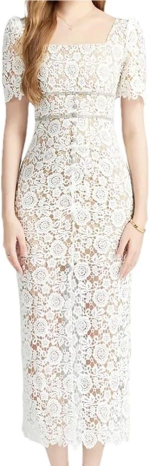 Women Slim Fit White Lace Hollow Dress Square Collar Puff Sleeve Mid Calf Fit Flare Dresses for Party(Small Short)