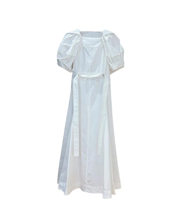 51CjjSwc9eL.jpg Women's Bandage Waist Maxi Dress - Puff Sleeve Cotton Solid Color Spring Long Dress