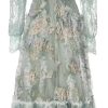 Women Vintage Lantern Sleeve Lace Maxi Dresses Sequin Mesh Ruffle Patchwork Party Dress