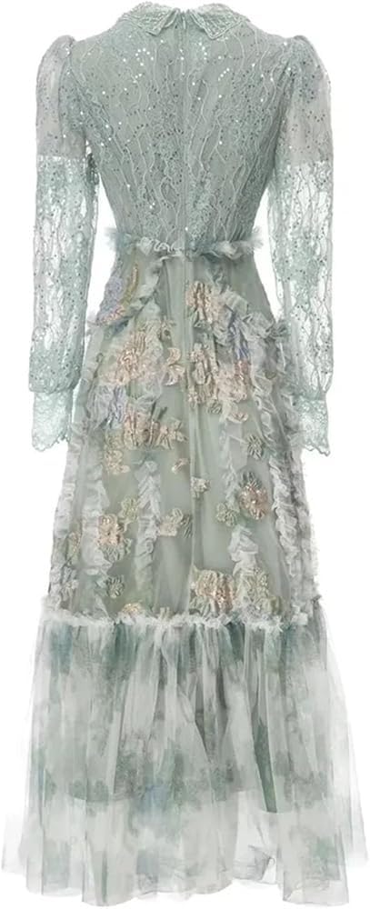 Women Vintage Lantern Sleeve Lace Maxi Dresses Sequin Mesh Ruffle Patchwork Party Dress