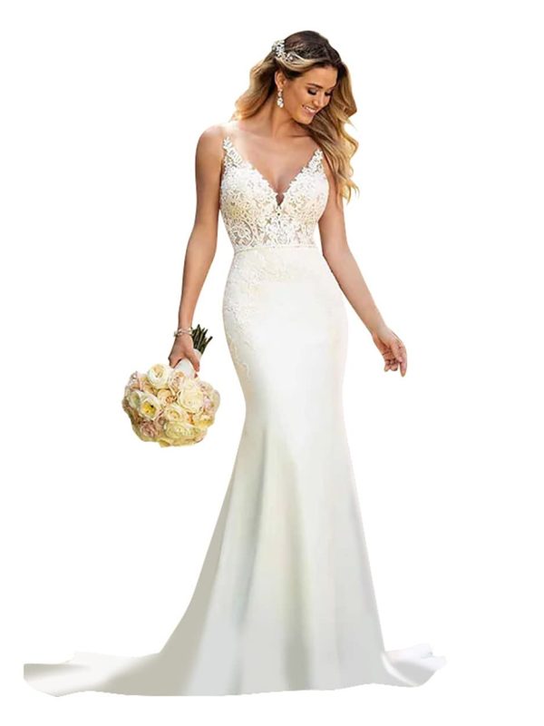 Women's Mermaid Wedding Dresses for Bride 2024 Boho Long Lace Bridal Gowns for Wedding YMSWD01