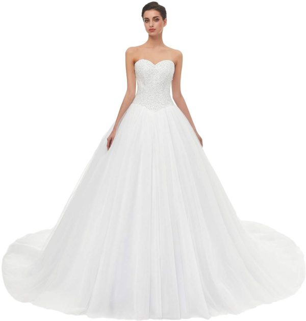 Sweetheart Tulle Ball Gown Wedding Dress, A-line Bridal Gown with Train