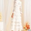 Women's White Lace Long Dress Elegant Ruffled Waist Long Sleeve Slim Fit Party Dress