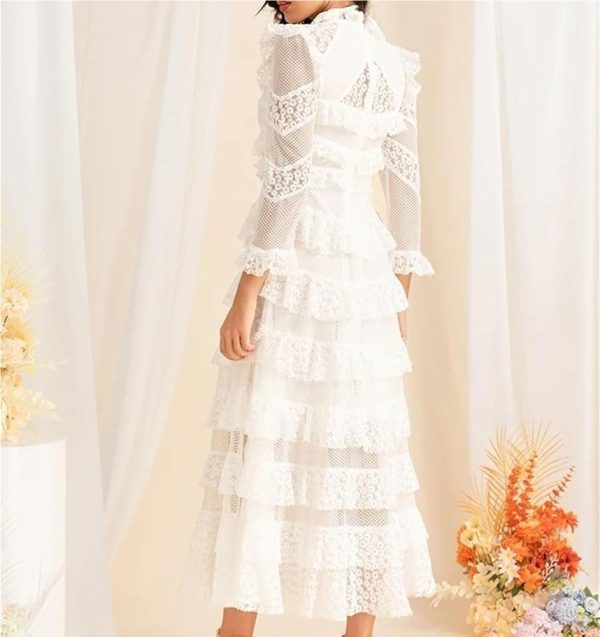 Women's White Lace Long Dress Elegant Ruffled Waist Long Sleeve Slim Fit Party Dress
