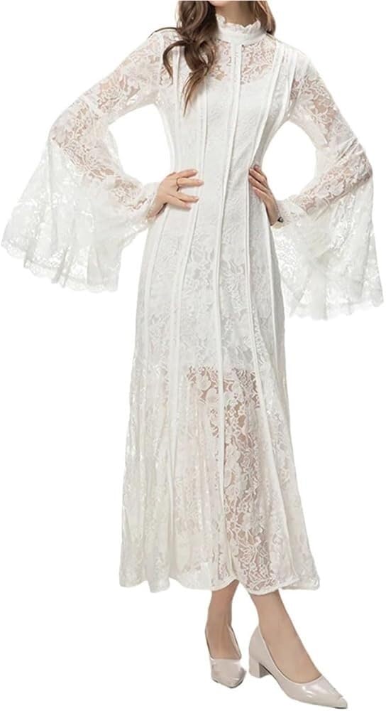 Women's Vintage Striped Hollow Lace Long Sleeve Dress Suspender Inner Slim Fit Maxi Dresses