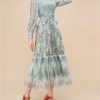 Women Vintage Lantern Sleeve Lace Maxi Dresses Sequin Mesh Ruffle Patchwork Party Dress