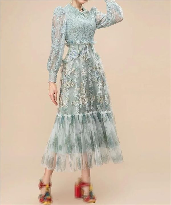 Women Vintage Lantern Sleeve Lace Maxi Dresses Sequin Mesh Ruffle Patchwork Party Dress