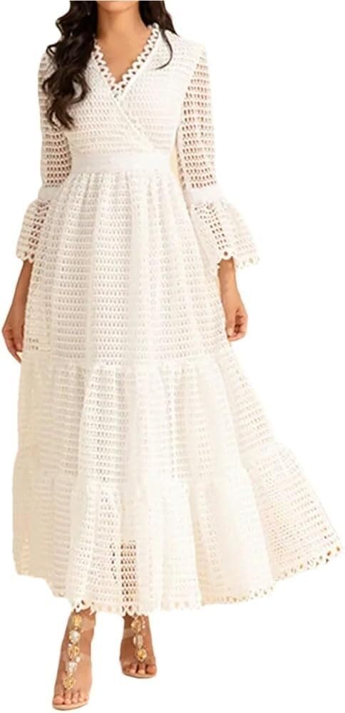 Women's White Hollow Lace Splicing Big Swing Dress Casual Flowy Beach Vacation Maxi Dresses
