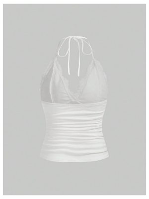Women's Halter Contrast Lace Ruched Backless Tie Back Party Cami Top