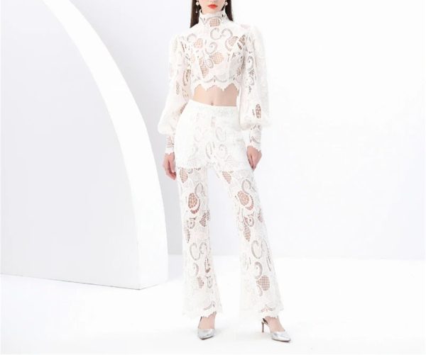 Women's Crochet Lace Set - Lantern Sleeve Top & High Waist Pants Bohemian Outfit