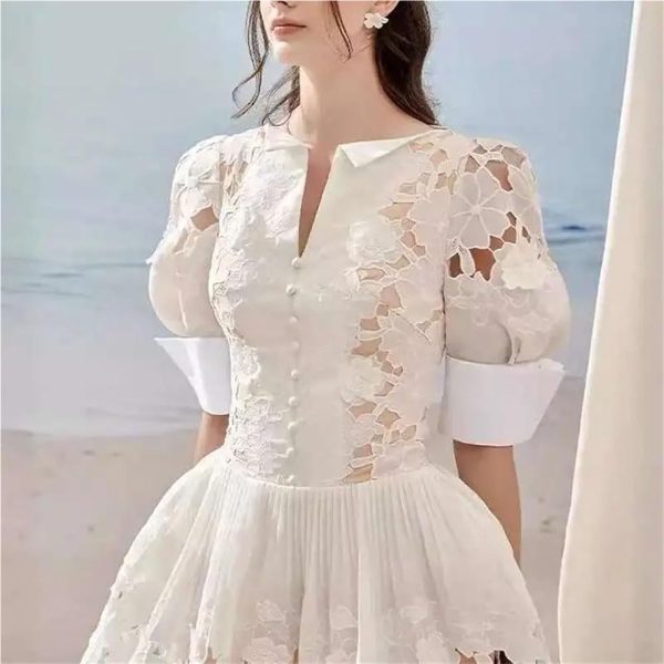 51L4gJeHw2L.jpg Women’s Dress V-Neck Puff Half Sleeve Summer Ball Gown Casual Solid Floral Lace Slim Fit Dresses