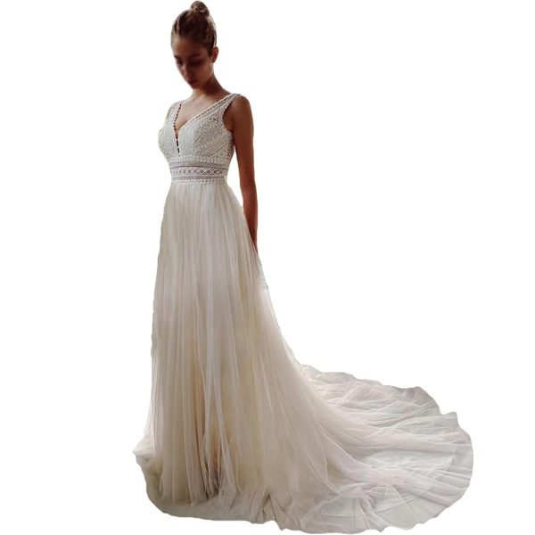 Wedding Dresses for Bride Illusory Lace Bohemia V Neck Layers Tulle A Line Beachy Wedding Gowns…