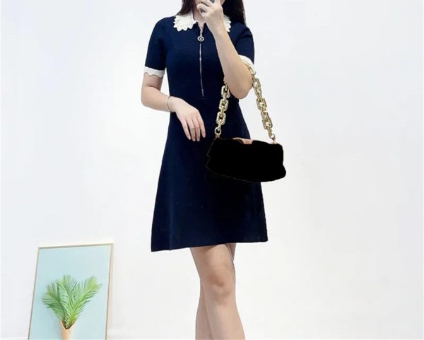Women's 2025 Knit Lace Collar Dress - Short Sleeve Color Block