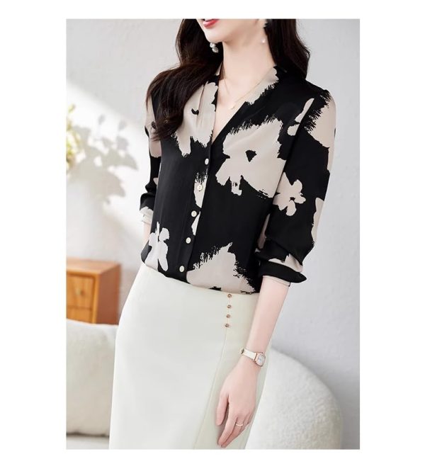 51P5vZlUl8L.jpg Ladies' Summer Chiffon Top Long-Sleeved for Daily and Travel Loose Soft Printed Top Blouse for Women
