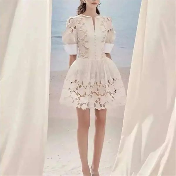 51P6chlPxkL.jpg Women’s Dress V-Neck Puff Half Sleeve Summer Ball Gown Casual Solid Floral Lace Slim Fit Dresses