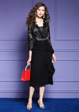 Women Elegant Cocktail Party Dress Ruffles Lace Midi Dresses Fashionable Appliques Bodycon Formal Evening Guest Outfit