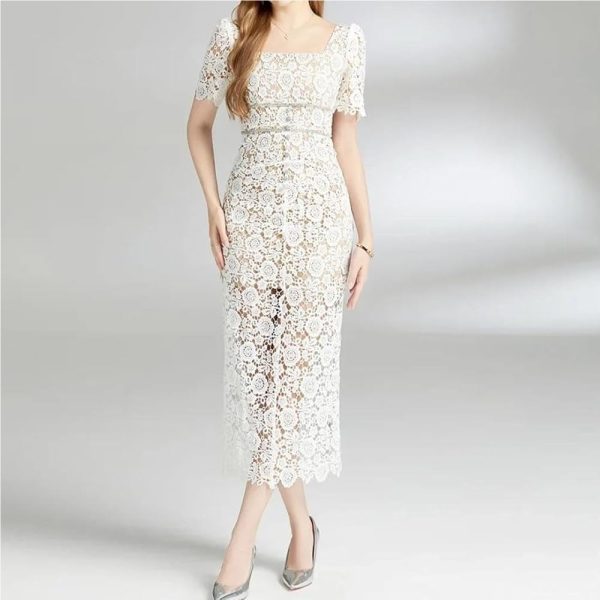 Women Slim Fit White Lace Hollow Dress Square Collar Puff Sleeve Mid Calf Fit Flare Dresses for Party(Small Short)
