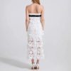 Sexy Sleeveless Flower Embroidery Slim Fit Wrap Hip Top Mesh Slim Fitting Lace Elegant Splicing Dress (White,Large)