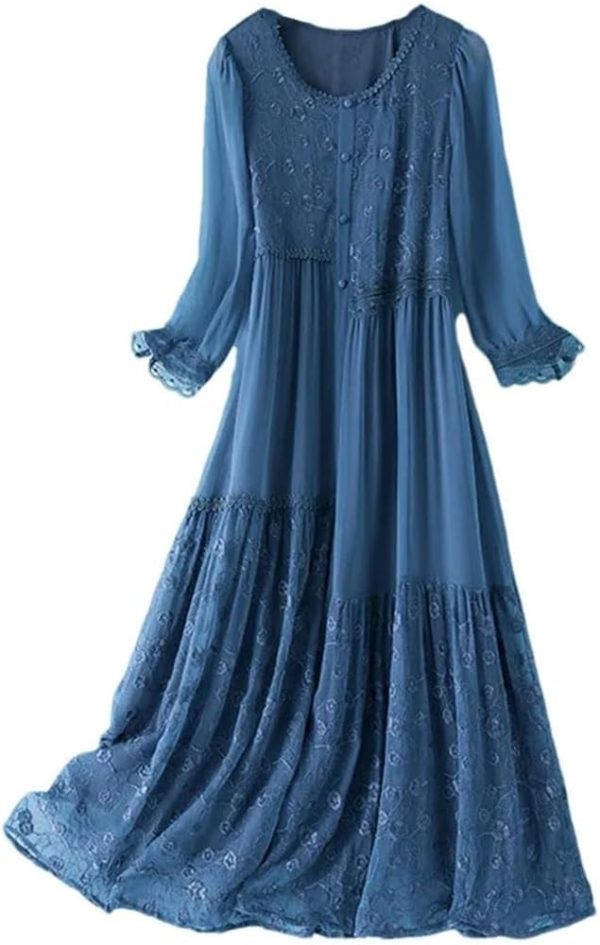 Womens Black Dress Solid Crew Neck Lace Embroidery A Line Midi Beach Holiday Party Dresses
