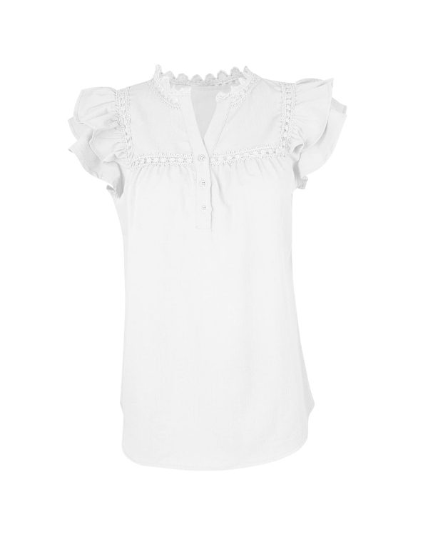 Women's V Neck Lace Crochet Shirts Button Down Short Sleeve Casual Blouse Tops