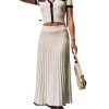 Women's Knitted Slim Elegant 2 Piece Set Single Button V Neck Short Sleeve Top and Pleated a Line Solid Color Skirt Suit