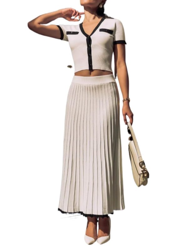 Women's Knitted Slim Elegant 2 Piece Set Single Button V Neck Short Sleeve Top and Pleated a Line Solid Color Skirt Suit