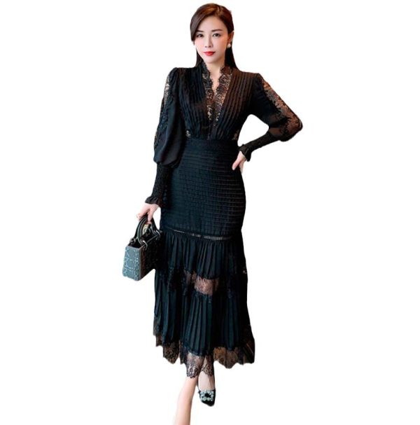 Runway Women Pleated Party Dress Spring V Neck Lantern Sleeve Chiffon Patchwork Lace Bodycon Slim Long Dress