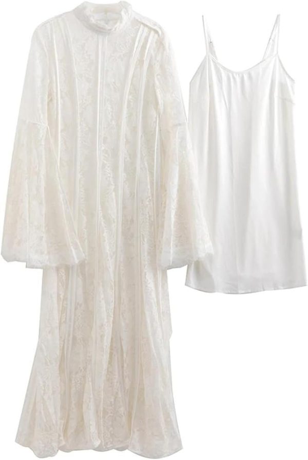 Women's Vintage Striped Hollow Lace Long Sleeve Dress Suspender Inner Slim Fit Maxi Dresses