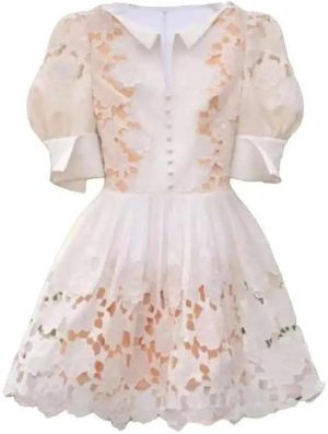 Women’s V Neck Puff Half Sleeve Ball Gown Dress Solid Intricate Floral Lace Slim Fit Dresses for Travel