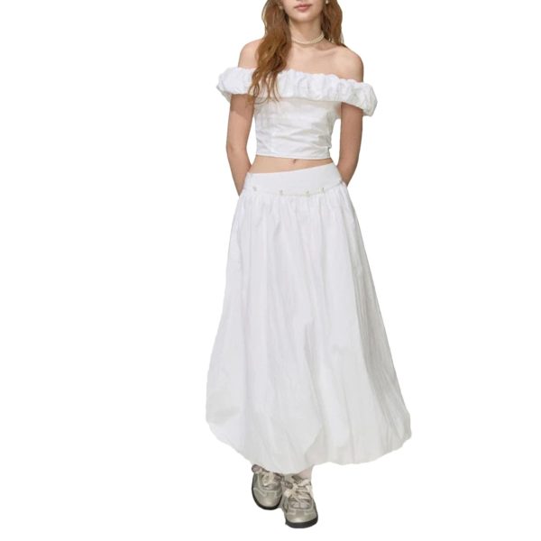 Women Off‑Shoulder Crop Top & Skirt Set, Pearl Embellished