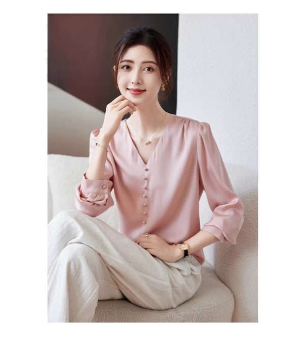 Ladies' Summer Chiffon Top Long-Sleeved for Business Trips Daily Flowing Blouse for Women