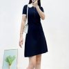 Women's 2025 Knit Lace Collar Dress - Short Sleeve Color Block
