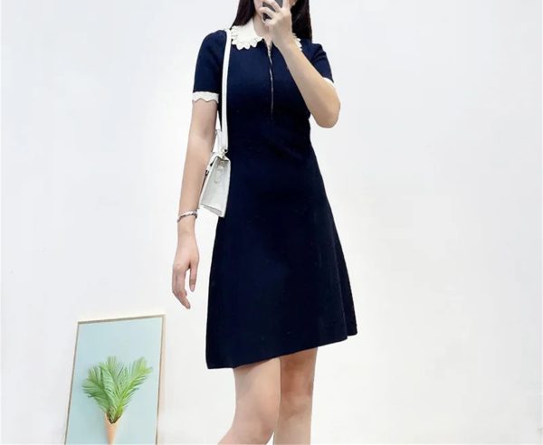 Women's 2025 Knit Lace Collar Dress - Short Sleeve Color Block