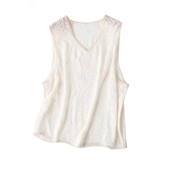 Women’s 100 Percent Mulberry Silk Embroidery Sleeveless Hollow White Vest