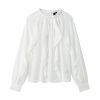 Women's White Ruffled Blouse with Elasticated Neckline Long Puff Sleeves Delicate Lace Trim Tops