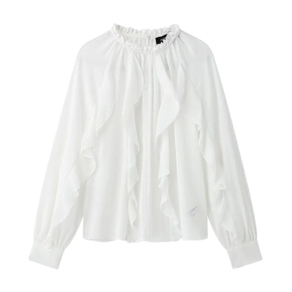 51YpZqqZzpL.jpg Women's White Ruffled Blouse with Elasticated Neckline Long Puff Sleeves Delicate Lace Trim Tops