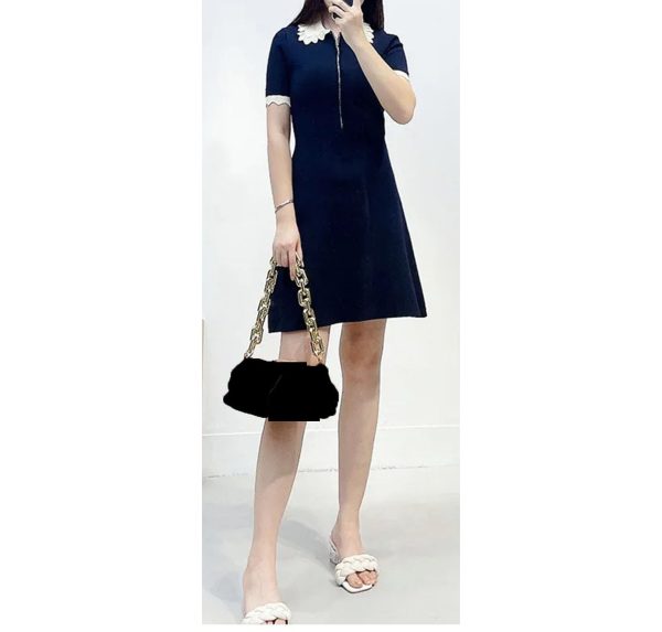 Women's 2025 Knit Lace Collar Dress - Short Sleeve Color Block