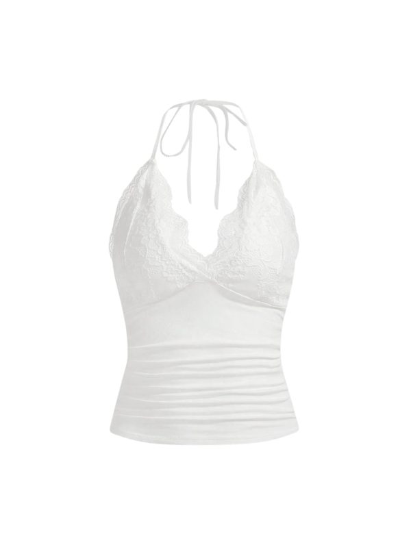 Women's Halter Contrast Lace Ruched Backless Tie Back Party Cami Top