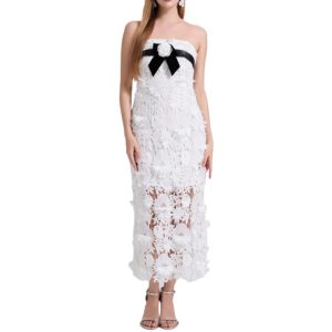 Sexy Sleeveless Flower Embroidery Slim Fit Wrap Hip Top Mesh Slim Fitting Lace Elegant Splicing Dress (White,Large)