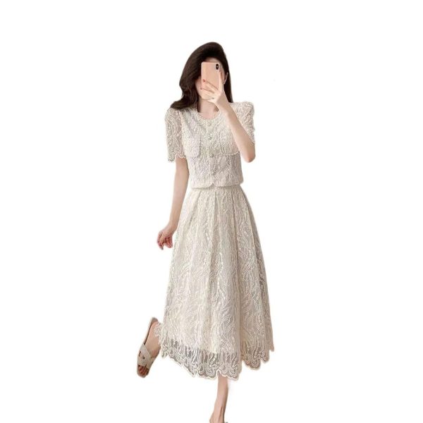 Summer Flower Embroidery Lace Two Piece Sets Women Tops